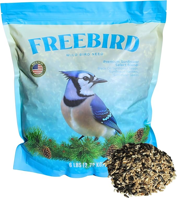 Wild Bird Seed by Freebird – Premium Black Oil Sunflower, Sunflower Kernels & Safflower Blend for Songbirds & Finches, Outdoor Feeders, 6 lb Bag