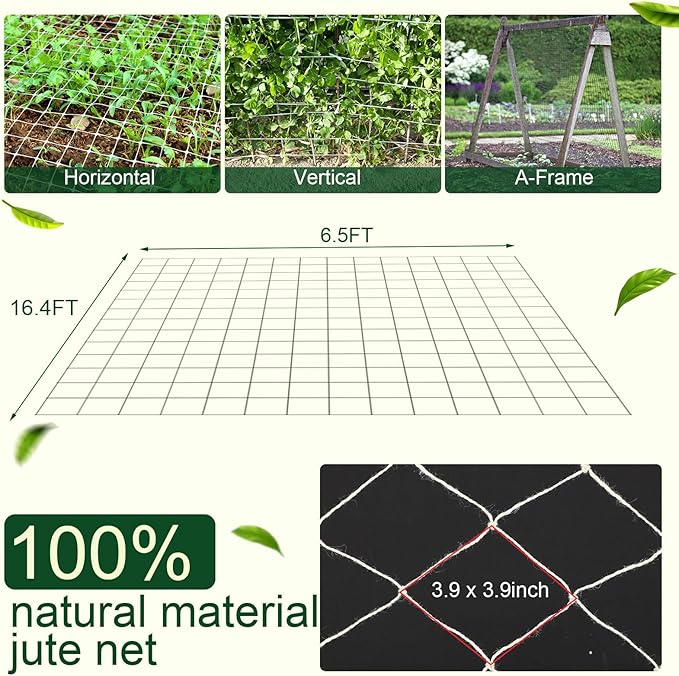 1 Piece White Jute Net Plant Support Netting 6.6 x 16.4 ft Heavy Duty Garden Plant Trellis Netting for Climbing Outdoor Indoor Grow Net for Cucumber Vine Tomatoes Peas Flower Fruits Vegetables