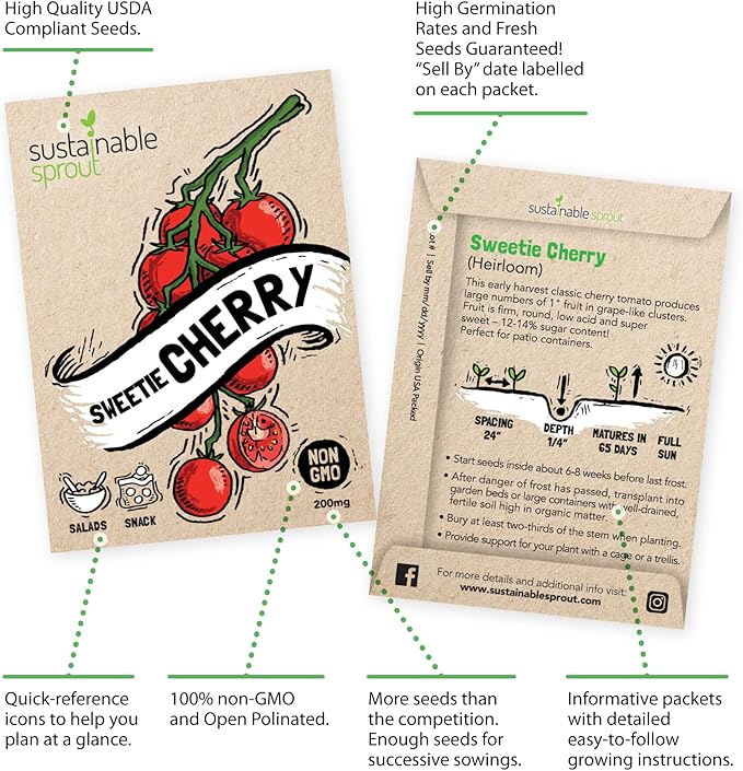 Heirloom Tomato Seeds For Planting: 9 Tomato Variety Pack: Cherry, Brandywine Beefsteak, Yellow Pear, Golden Jubilee, Plum Roma, Tomatillo, Ace 55 San Marzano Organic Tomato Seeds by Sustanible Sprout