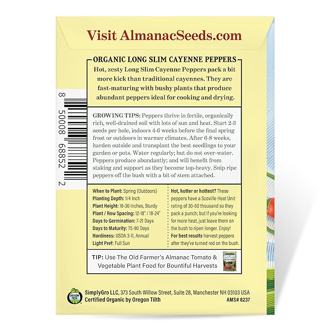 The Old Farmer's Almanac Organic Cayenne Pepper Seeds (Long Slim) - Approx 30 Seeds - Certified Organic, Non-GMO, Open Pollinated, Heirloom