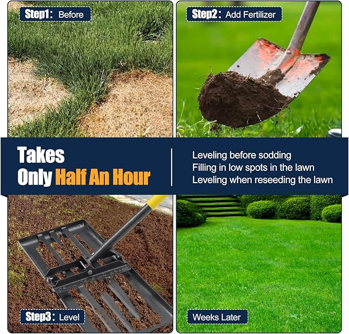 Heavy Duty Lawn Leveling Rake 30x10 with 72" Adjustable Handle - Commercial Grade Landscape Grading Tool, Foldable Yard Leveler for Soil Sand & Topdressing | Stainless Steel + Ergonomic Design
