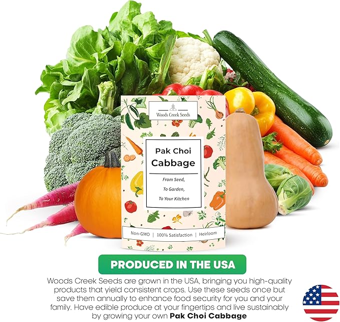 Woods Creek Seeds: Pak Choi White Stem Cabbage Seeds for Planting - Over 700 Heirloom Non-GMO Green Cabbage Seeds - Beginner-Friendly Vegetable Seed for Home, Indoor or Outdoor Gardeners