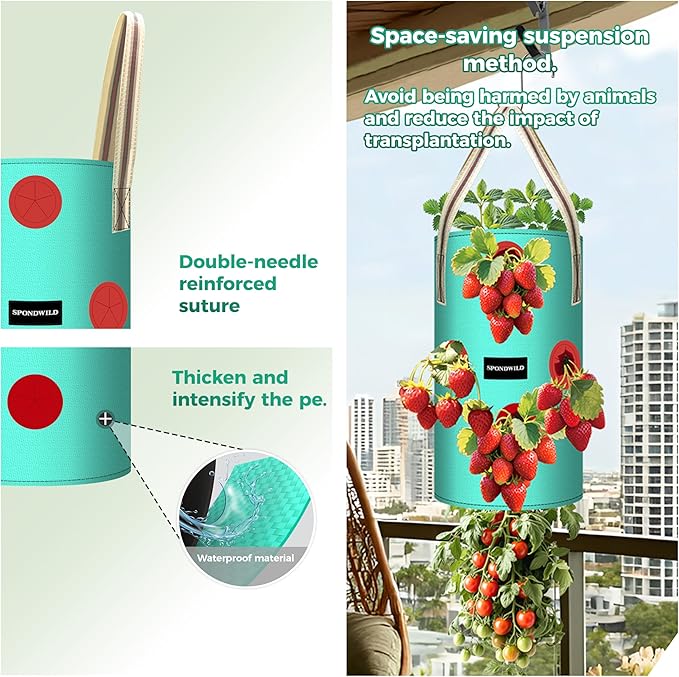 3 Pack 3 Gallon Hanging Strawberry Planter Bags, 12 Holes PE Grow Bags with Bottom Drainage, Reusable Vertical Planters for Small Space Gardening(Green)