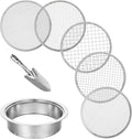 7 Pcs Soil Sifter Set Stainless Steel Riddle Sieve Set for Gardening with 5 Sizes 7.68" Diameter 1/3/6/9/12mm Interchangeable Meshes - Garden Potting Sieves with Shovel - Planting Soil Sifters Strains