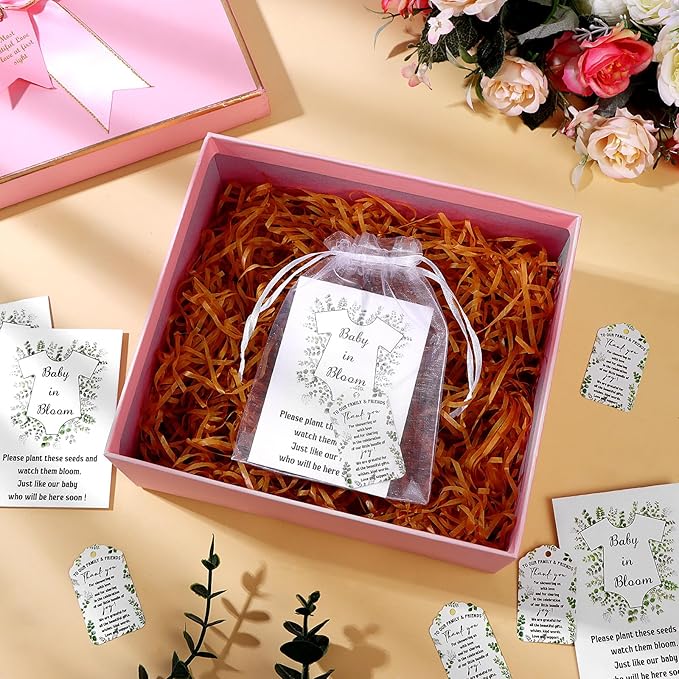 FIONUPI 100 Sets Baby Shower Party Favors Seed Packets Wildflower Kraft Self Adhesive Seed Envelopes Thank You Tags Organza Bag Boys Girls Gender Reveal Gifts for Guest Baby in Bloom Decor(No Seeds)