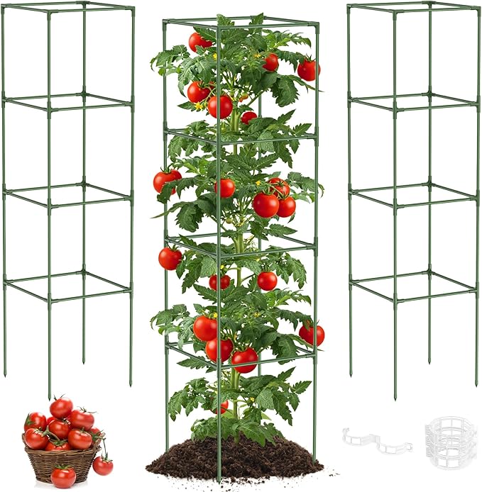 Unves 3 Pack Tomato Cage for Garden, 16" W x 66" H Square Tomato Trellis Plant Support Frame with 50 Pcs Plant Clips, Suitable for Climbing Vegetables, Flowers, and Fruits
