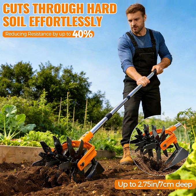 Pankay Rotary Hand Tiller for Gardening, Garden Cultivator Tool with Tilling Blade, 63’’ Adjustable Stainless Steel Poles Cultivators for Gardening, Lawn Care, Reseeding Grass, Soil Mixing