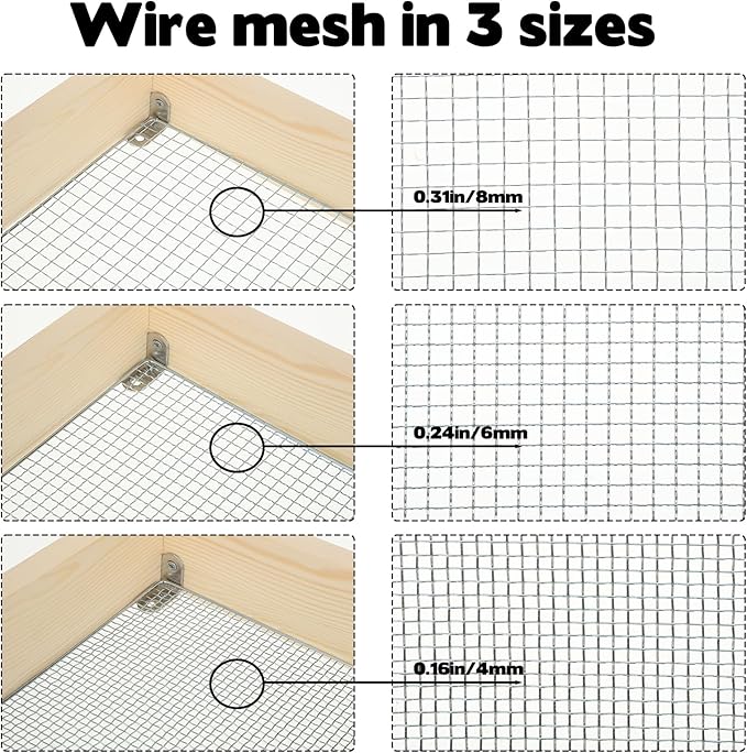 Wood Dirt Sifter for Gardening Compost Rock with 3 Interchangeable Filter Mesh Sizes 4 6 8 mm