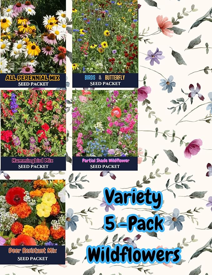 Variety Wildflower Seed Packets Mix (5-Pack) – Partial Shade, All Perennial, Hummingbird, Deer-Resistant, Birds & Butterfly - Bring Vibrant Color & Pollinator Joy to Any Space!