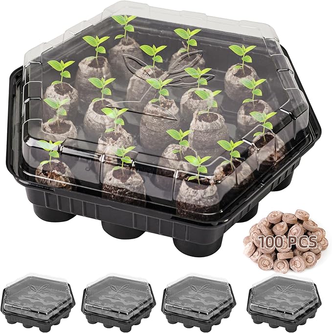 Seed Starter Kits with Peat Pellets Pod, 19 Cell Seed Starter Tray with Heightened Lid,Thicken Seed Starting Trays Seed Growing Plant Germination Kit (Black -5pack)