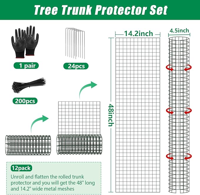 UQM 48 Inch Tree Trunk Protector, 12 Pcs Metal Tree Guards Trunk Protector with Glove & Metal Stakes & Zip Ties, Mesh Tree Bark Protector, Plant Protectors from Deer Animals Mowers Trimmers