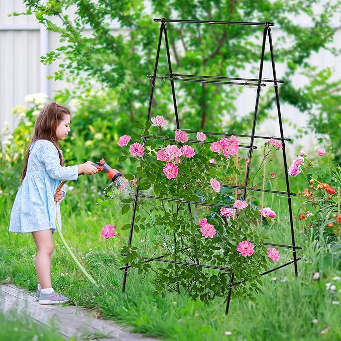 Garden Trellis for Climbing Plants, 71" H x 32" W Metal A-Frame Cucumber Trellis Outdoor Fruits Watermelon Plants Vegetable Tomato Squash Peas Beans, with Netting, Black