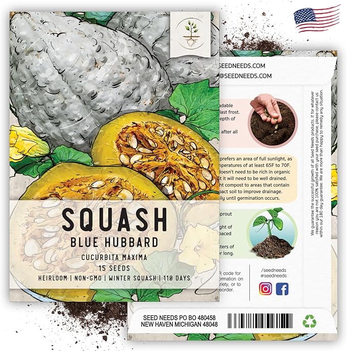Seed Needs Blue Hubbard Winter Squash Seeds for Planting - Non-GMO, Heirloom & Untreated - Golden Yellow Sweet Flesh Perfect for Baking & Cooking (5 Packs)