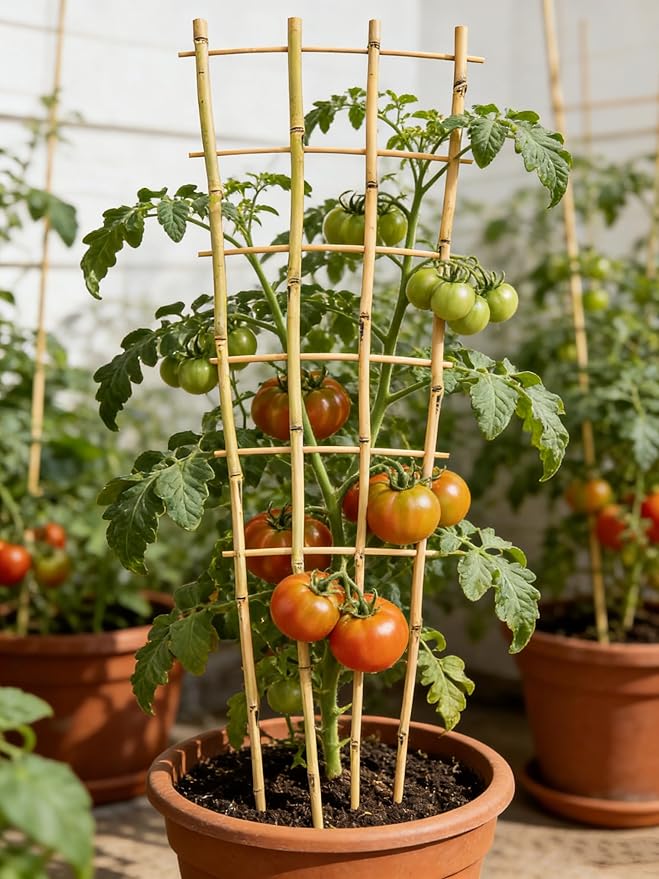 3 Pack Natural Bamboo Trellis 4.8 Ft, Fan-Shape Garden Ladder Plant Trellis for Climbing Plants, Vegetables, Cucumber, Tomato, Potted Plants