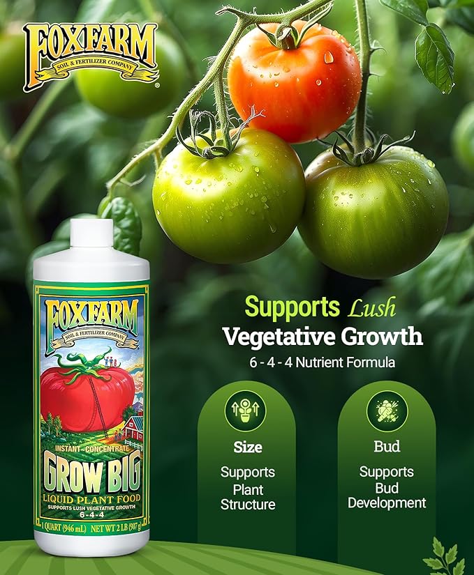 FoxFarm Grow Big Liquid Plant Food - 6-4-4 House Plant Fertilizer for Lush Vegetative Growth, Fast Nutrient Uptake for Roses, Tomatoes & Veggies - Quart Size Concentrate