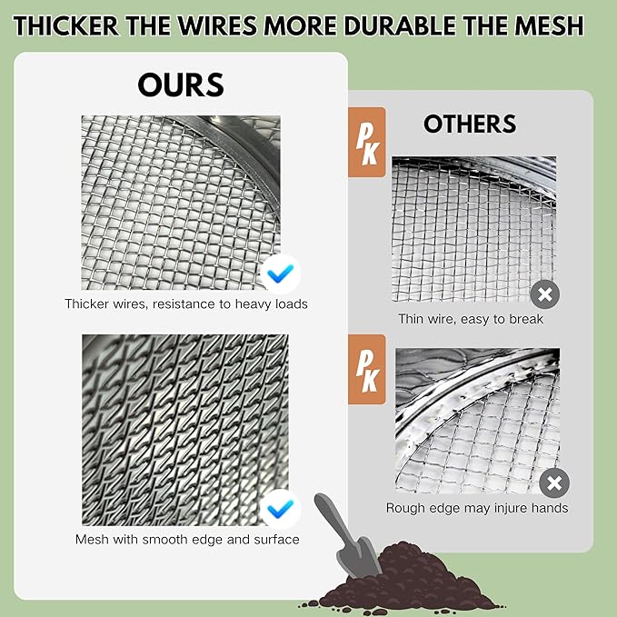 Soil Sifter for Gardening, Stainless Steel Sifting Pan Dirt Sifter, 9.5in Rock Sifter with 5 Sieve Mesh Filter Sizes