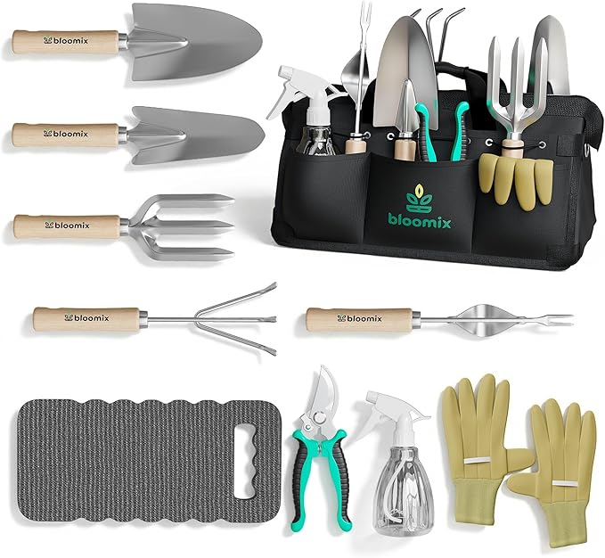 Bloomix 12Pcs Gardening Tools Set - Heavy Duty Garden Tools Set with Tool Bag, Kneeling Pad, Apron & More Garden Accessories - Stainless Steel Plant Care Kit Supplies, Gardening Gifts for Women Men