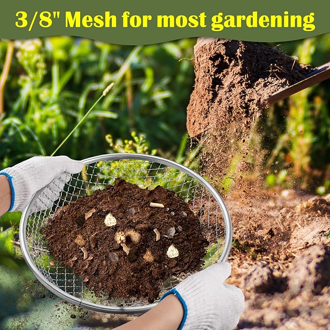 2PCS 3/8 Inch Mesh Soil Sifter for Gardening,Compost Sifter for 5 Gallon Buckets,Garden Sieve Rock Sifters for Captures Dirt Rocks Sawdust,Includes Gloves