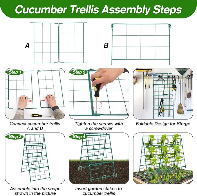 Cucumber Trellis for Raised Bed A Frame Metal Garden Trellis for Climbing Plants Outdoor, 42 x 16IN Foldable Coated Steel Cucumbers Trelli, Easy to Install Cucumber Trellis for Vegetable Fruit (1PACK)
