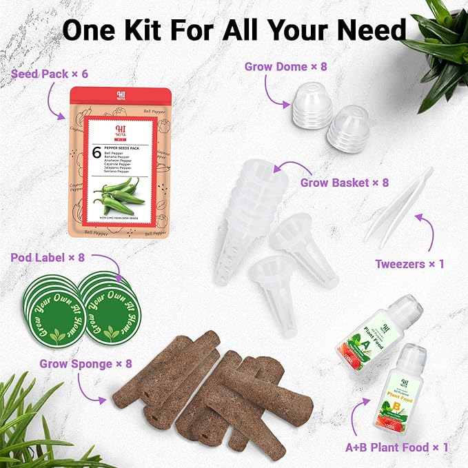 Pepper Seed Pod Kit, with Serrano, Cayenne, Jalapeño, Bell, Anaheim, Banana Pepper, Grow Anything Seed Pod Kit Compatible with All Hydroponics (8-Pod)