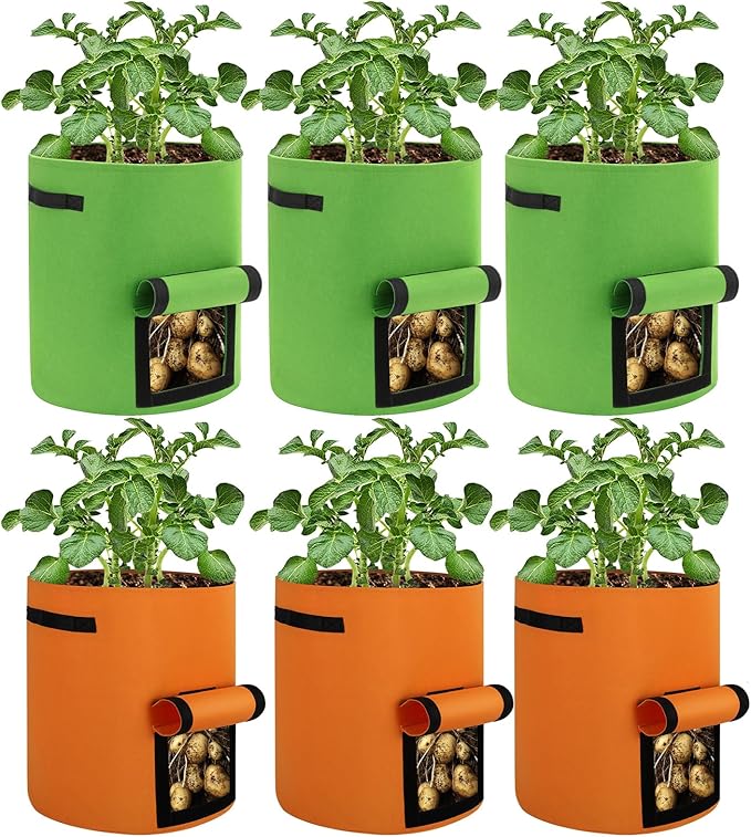 6-Pack 10 Gallon Grow Bags, Thickened Nonwoven Fabric Gallon Pots, Potato Growing Bags, Garden Fabric Grow Bags with Flap and Handles, Vegetable Grow Pots 6 Pack