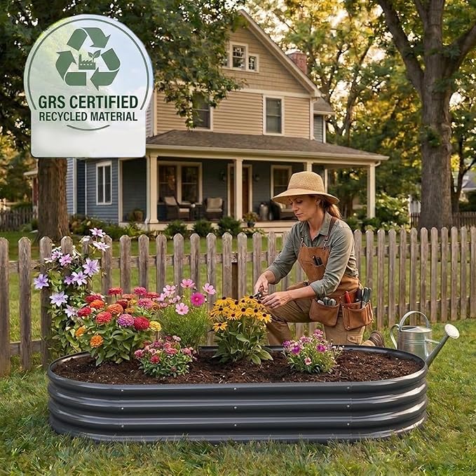 Raised Garden Bed GRS Certified Galvanized Planter Box Outdoor, 5ft Oval Rot-Resistant Metal Garden Bed Planter, Recycled Material Planter for Vegetables Flowers Herbs (Grey)