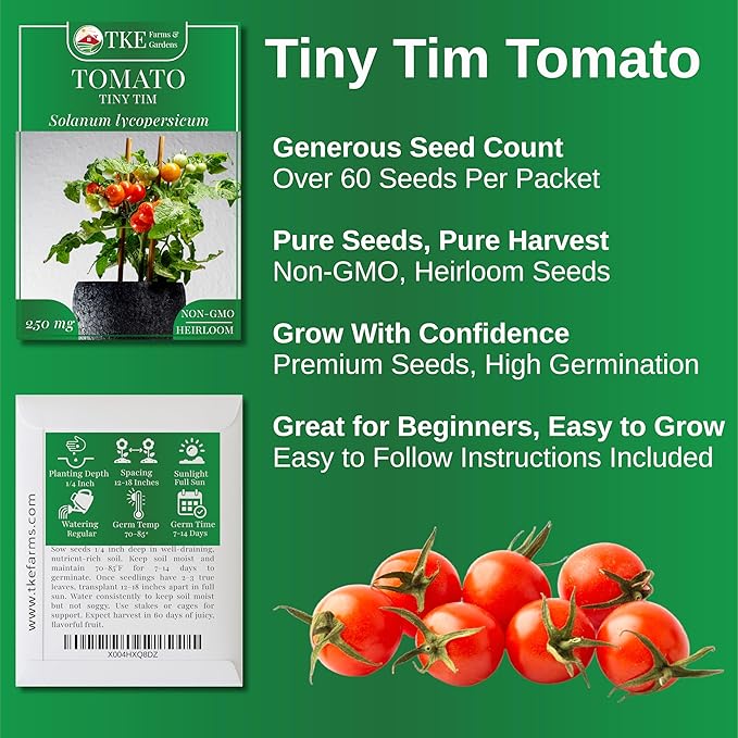TKE Farms & Gardens - Tiny Tim Tomato Seeds for Planting, 60+ Non-GMO Heirloom Seeds, Compact Cherry Tomatoes for Small Spaces, Ideal for Containers, Indoor & Outdoor Gardens, Instructions Included