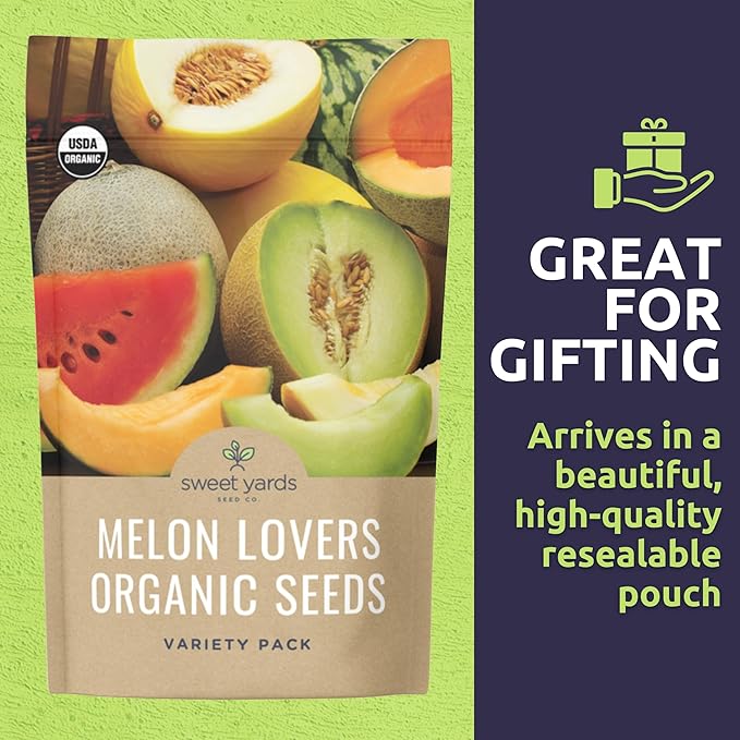 Organic Melon Seeds Variety Pack - 10 Individual Packs - 2026 Season - Sugar Baby, Charentais, Hearts of Gold and More! for Indoor & Outdoor Planting (Non-GMO, Certified Organic)