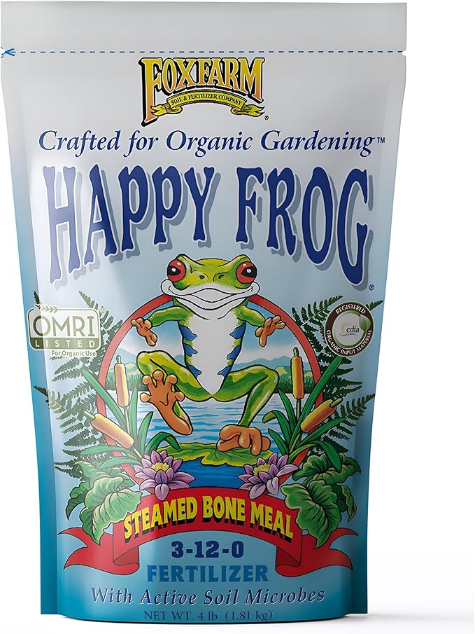 FoxFarm Happy Frog Steamed Bone Meal Fertilizer - Fine-Screened Phosphorus Fertilizer with Calcium & Mycorrhizal Fungi, Supports Strong Cell Development & Abundant Blossoms - 3-12-0, 4 lb