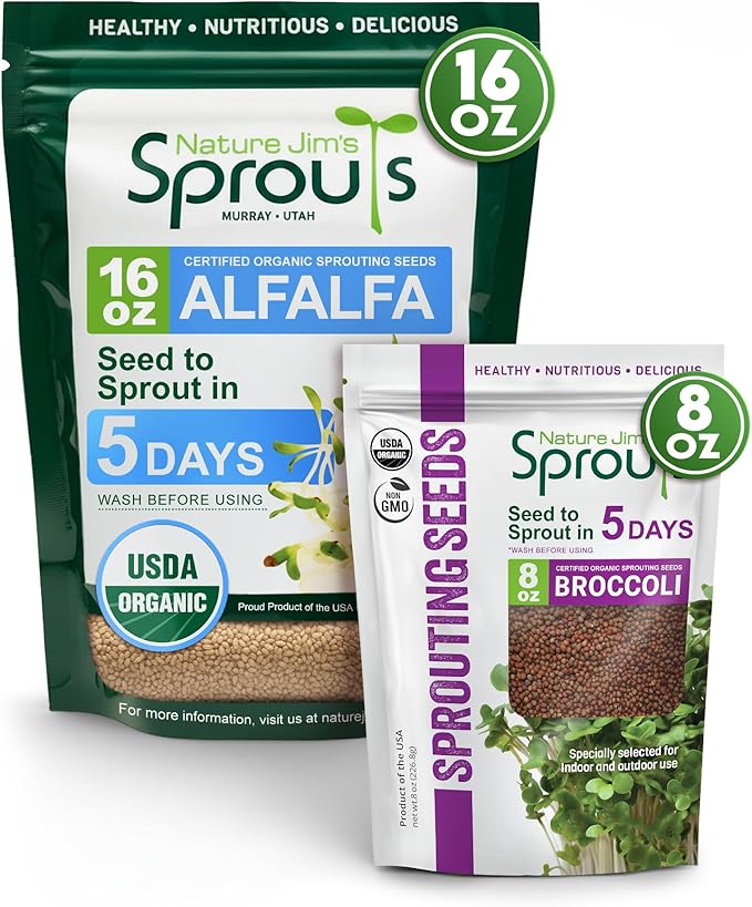 Nature Jims – Organic Broccoli (8oz) & Alfalfa (16oz) Sprouting Seeds, Non-GMO Microgreens for Indoor/Outdoor Gardening, Rich in Vitamins, Minerals & Nutrients Bundle