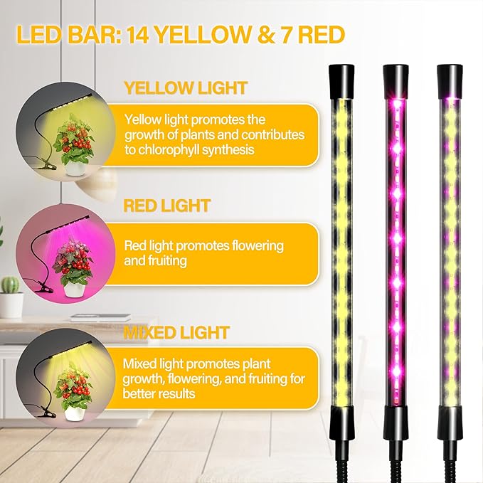 iPower LED Grow Light with Full Spectrum for Indoor Plants, Adjustable Gooseneck, 2/3 Light Modes&5/10 Dimmable Levels, 3 Auto Timing Modes, 1 Tubes, Yellow