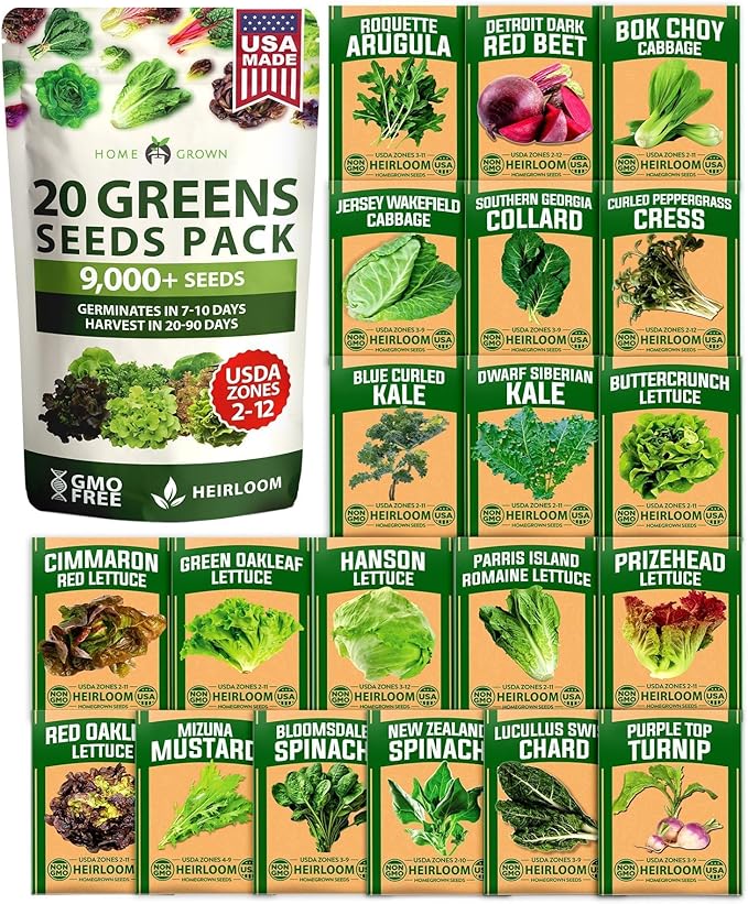 HOME GROWN 21,600+ Lettuce Seeds for Planting - 20 Heirloom Varieties, Non-GMO USA - Romaine, Butterhead, Iceberg, Leaf Lettuce, Spinach & Kale - Indoor, Outdoor & Hydroponic Garden Kit