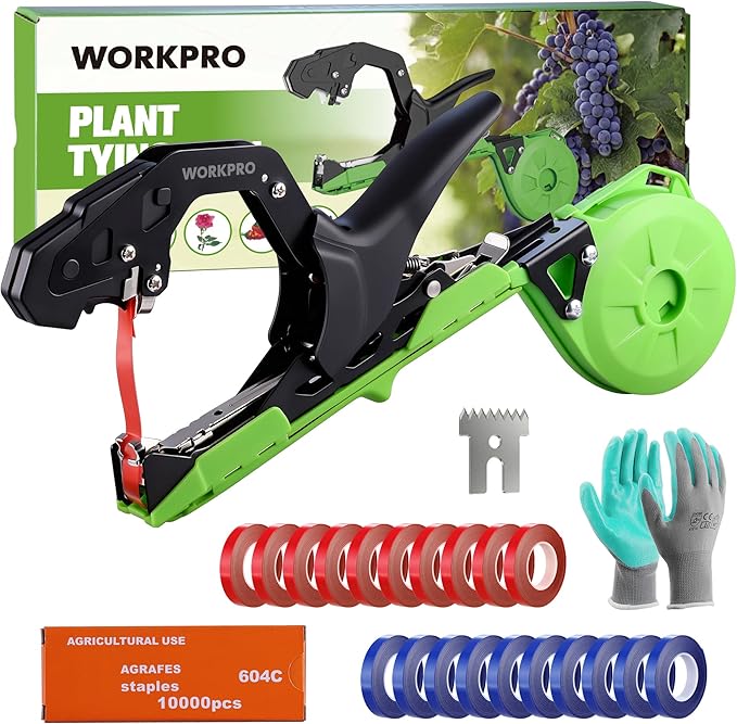 WORKPRO Plant Tying Machine, Lightweight Tape Gun for Tying Vines and Support Plants, Includes Gloves, 20 Rolls of Tape, 10000 Staples, Ideal for Tomatoes, Grapes, Cucumber and Vegetables
