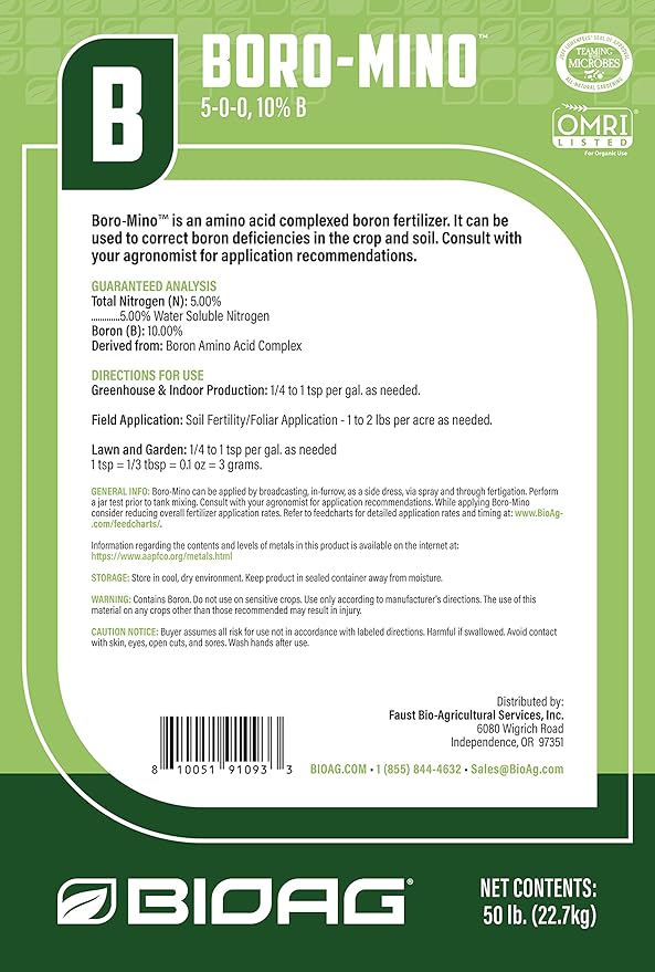 BioAg Boro-Mino Organic Boron Fertilizer, Amino Acid Complexed Boron (1.5 lbs) Soluble hydroponic Soil brassicas Fruit Berry Crop