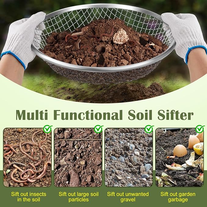 2PCS 3/8 Inch Mesh Soil Sifter for Gardening,Compost Sifter for 5 Gallon Buckets,Garden Sieve Rock Sifters for Captures Dirt Rocks Sawdust,Includes Gloves