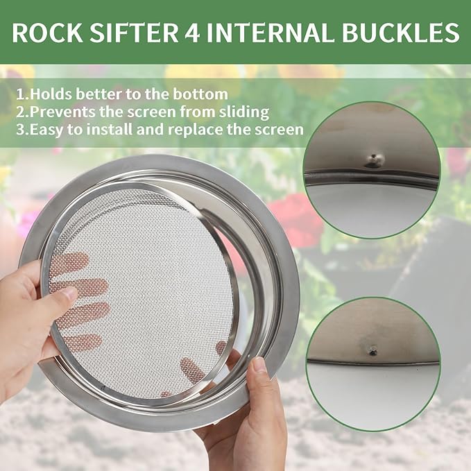 Soil Sifter Stainless Steel Rock Sifter with 5 Replaceable Mesh, Dirt Sifter for Gardening Compost Weed Sand Cat Litter Bonsai with Planting Mat,Shovel,Gloves