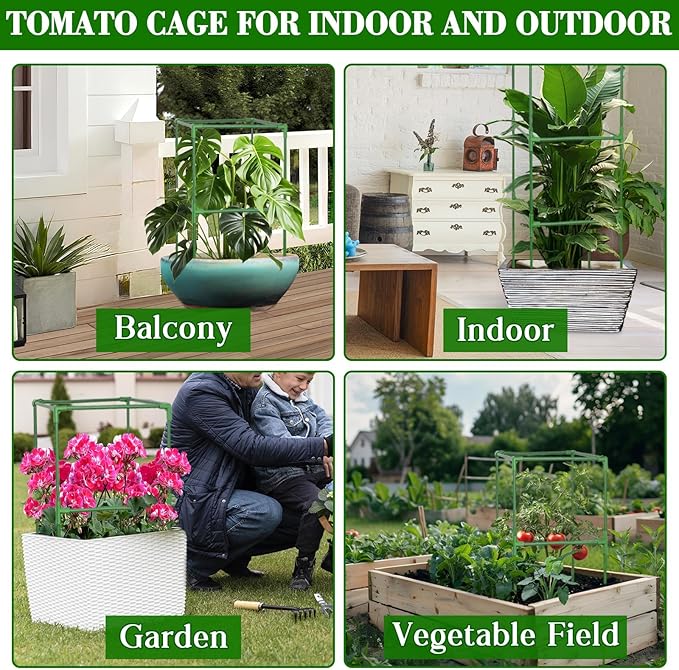ZeeDix 45 Inch Tomato Cages 2 Pack, Heavy Duty Adjustable Metal Garden Plant Supports for Climbing Vegetables - Square Cage for Tomatoes, Cucumbers, Peas, Flowers with 20 Plant Clips