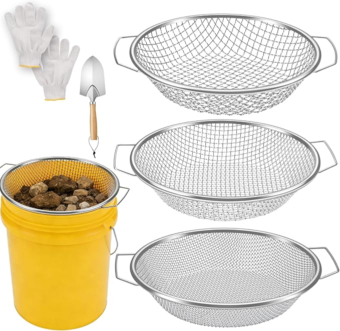 3PCS Soil Sifter for Gardening, Rock Soil Sifter with Handle Compost Sifting Screen for 5 Gallon Buckets Garden Metal Sieve Strainer with Shovel 3,6,10mm Mesh Sizes Remove Stone Fine Gravel Sand Dirt﻿