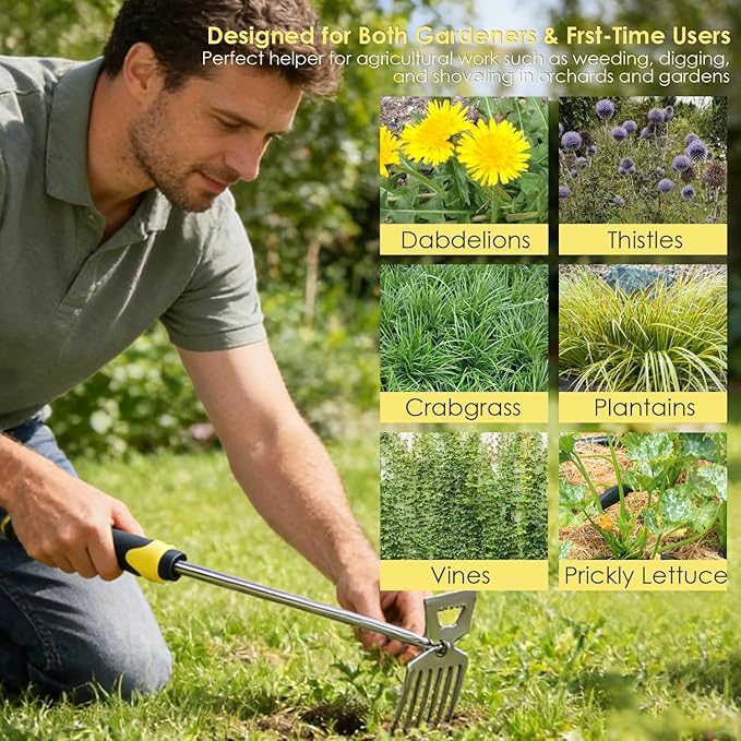 Weed Puller Tool, New 6 Teeth Garden Weed Remover Tool, Stainless Steel Rubber Handle Manual Weeder Tool, Uprooting Weeding Tool for Gardening Farm Planting & Weeding