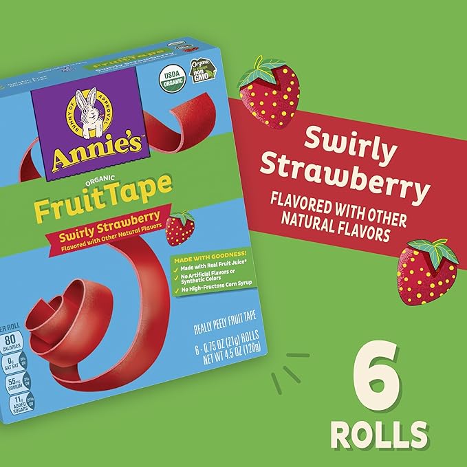 Annie's Organic Fruit Tape, Swirly Strawberry, Non-GMO and Organic Fruit Flavored Snacks, 6 Rolls, 4.5 oz