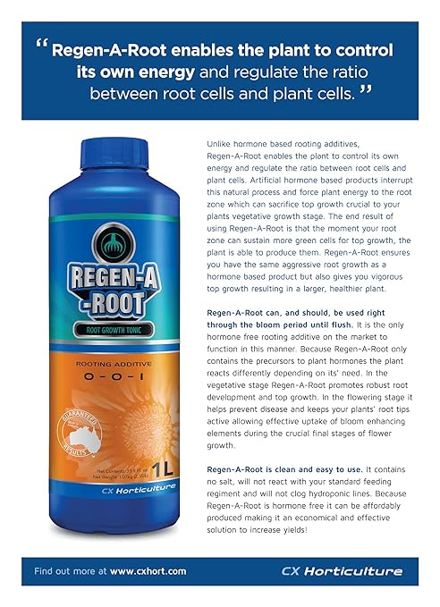 CX Horticulture Regen-A-Root 1 Liter | Hormone-Free Root Stimulator for Plants | Promotes Explosive Root Growth in Vegetative & Flowering Stages | Hydroponic, Soil & Coco Compatible (0-0-1)