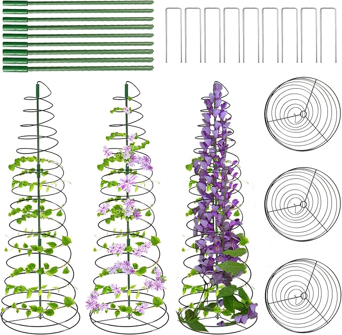 WNJ 3-Pack Pea Trellis Green Bean Trellis for Garden, Sugar Snap Tower with Pole, Stretchable to 53.6 Inch, Metal Climbing Plant Grow Cage Stand for Cucumber Vine Vegetables Indoor Outdoor