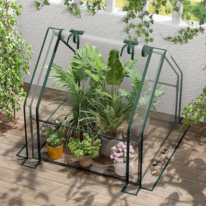 Portable Mini Greenhouse, 40.2"x37.8"x37.8" Greenhouses for Outdoors with Dual Large Zipper Doors & Ground Stakes, Waterproof Plastic Green House for Outside Garden Patio Backyard