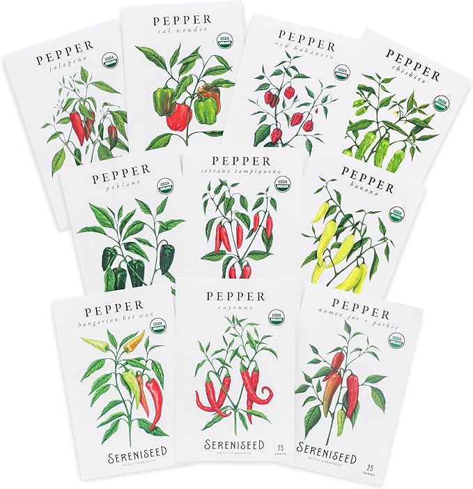 Sereniseed Certified Organic Hot Pepper Seeds (10-Pack) – Non GMO, Open Pollinated – Jalapeño, Cal Wonder, Banana, Serrano, Shishito, Red Habanero, Poblano, Cayenne and More