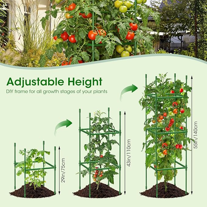 3 Pack Tomato Cages for Garden, Up to 55Inch Square Tomato Plant Cage, Upgraded Octagonal Connector, Heavy Duty Adjustable Tomato Stake Support for Garden Climbing Vegetables Flowers Fruits