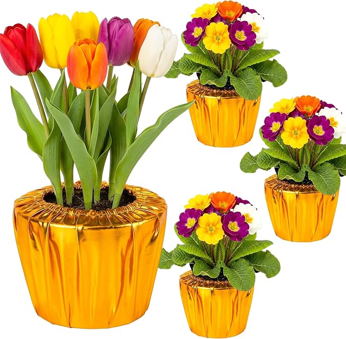 4 Pack Plant Pot Covers, Decorative Plant Sleeve Fit for 4.5 Inch Pots, Reusable Golden Cloth Wrap for Potted Plant, Versatile Planter Cover for Weddings Parties and Holidays (Fit for 4.5" Pots)