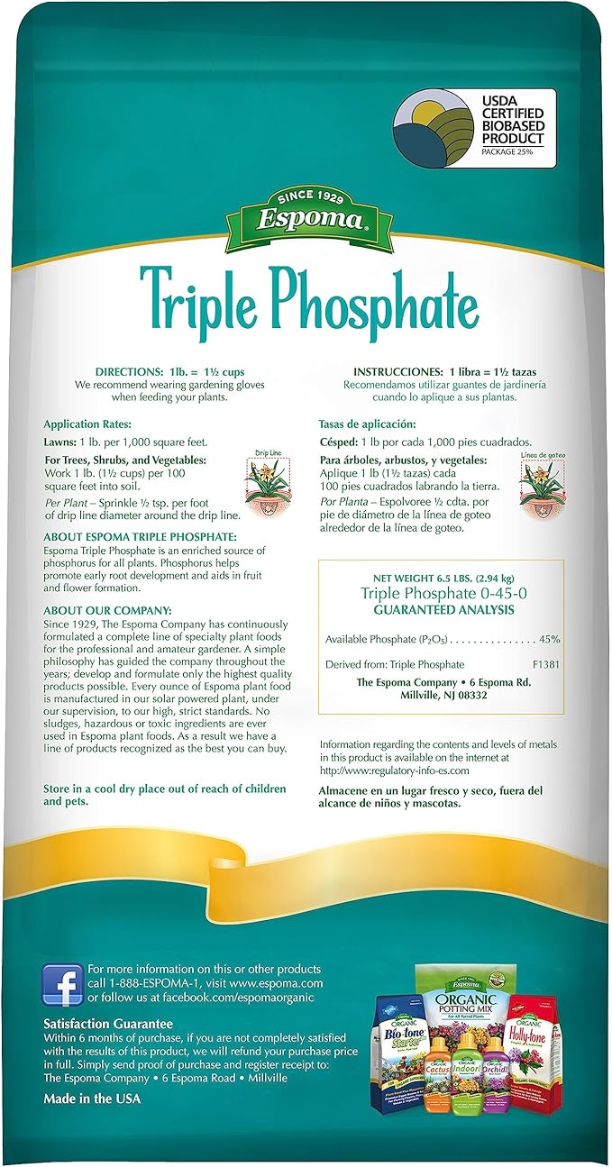 Espoma Triple Phosphate Fertilizer 0-45-0, 6.5lb. Bag; Promotes Root Growth and Blooming in All Flowering Plants, Trees, Shrubs, and Vegetables. Granular for Easy Application. Pack of One.