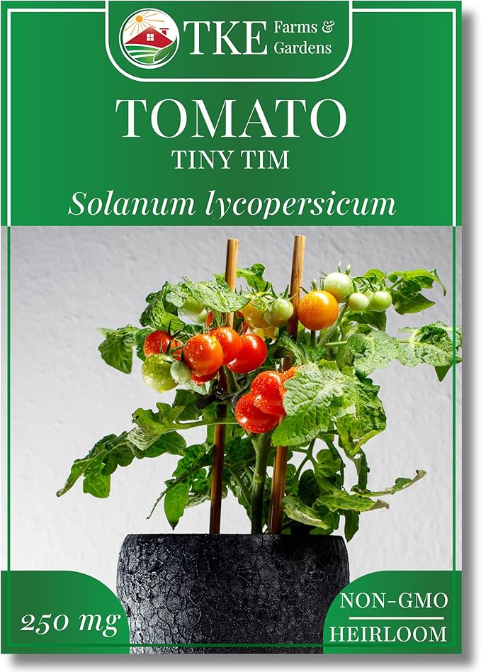 TKE Farms & Gardens - Tiny Tim Tomato Seeds for Planting, 60+ Non-GMO Heirloom Seeds, Compact Cherry Tomatoes for Small Spaces, Ideal for Containers, Indoor & Outdoor Gardens, Instructions Included