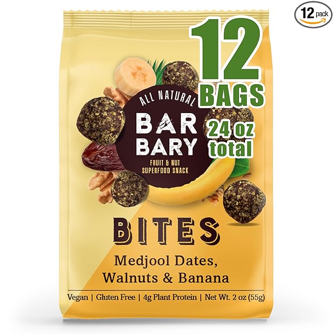 Fruit Nut Seed Healthy Snacks Pack, Walnuts Banana Medjool Dates Bites, Vegan, Gluten Free, No Sugar Added Energy Bars, 12 Bags (2 oz each)