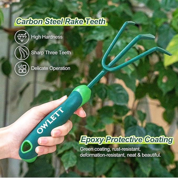 Garden Hand Rake, 3 Prong Hand Cultivator Garden Tool with Ergonomic Rubber Handle, Manual Small Hand Rake Soil Tiller for Digging, Aerating Soil, Weeding, Cultivating with Hanging Hole